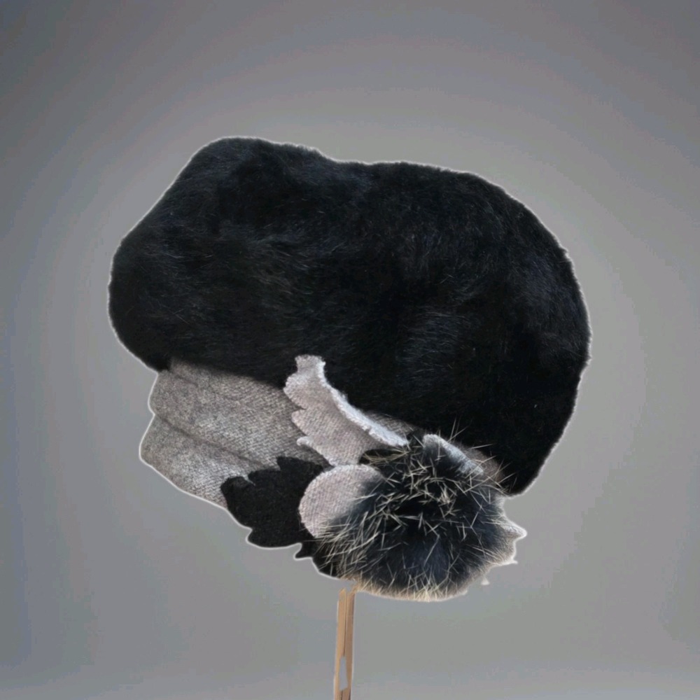Angora Wool Blend Beret Hat Black Gray Faux Fur Pom Paris Chic Winter Women